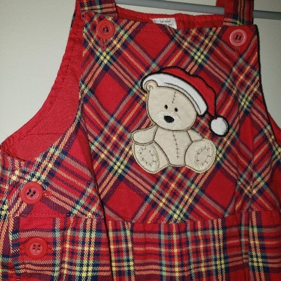 FIRST IMPRESSIONS CHRISTMAS BEAR PLAID OVERALLS - Picture 2 of 4